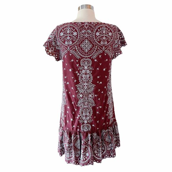 ANTHROPOLOGIE FEATHER BONE Ynez Maroon Dress Flounced Embroidered Eyelet Blue - Picture 10 of 11